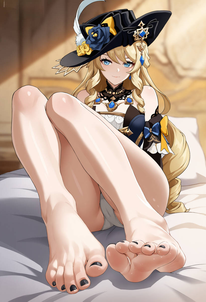 ai generated, bedroom, feet, feet focus, feet together, female, foot fetish, genshin impact, legs, navia (genshin impact), soles