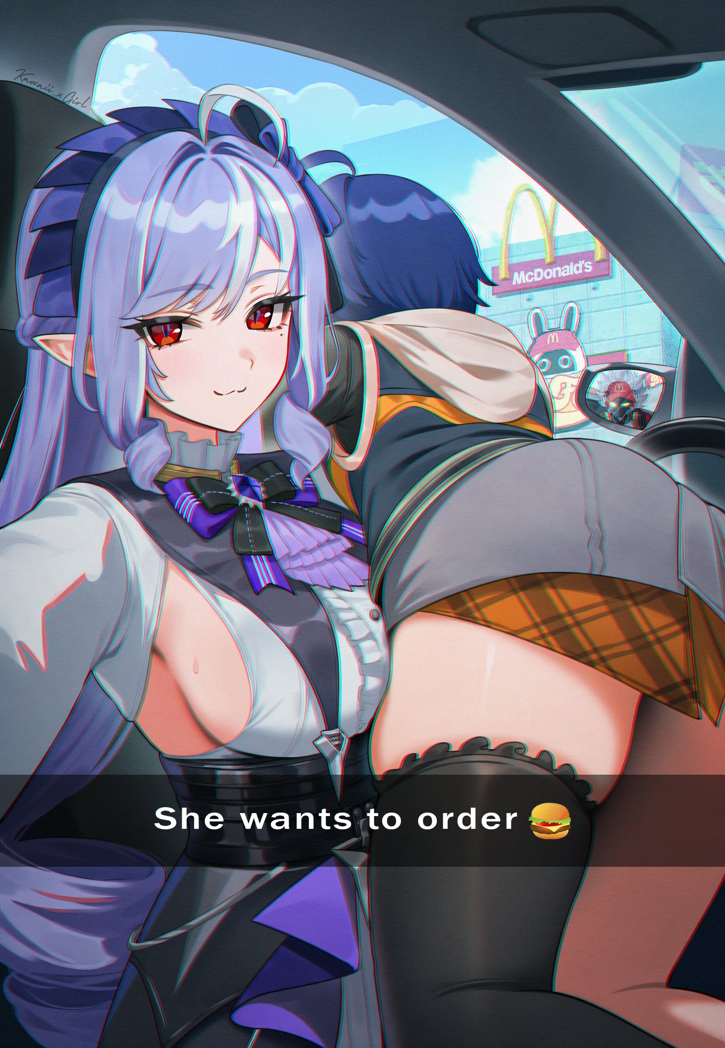 :3, 2girls, ai generated, ass, belle (zenless zone zero), billy kid (zenless zone zero), blue eyes, breasts, car, clothed, clothing, elf ears, female, hi res, hoyoverse, kawaii xgirl, light skin, light-skinned female, mcdonald's, medium breasts, picture, purple hair, red eyes, she wants to order, thick thighs, thighs, vivian banshee, zenless zone zero