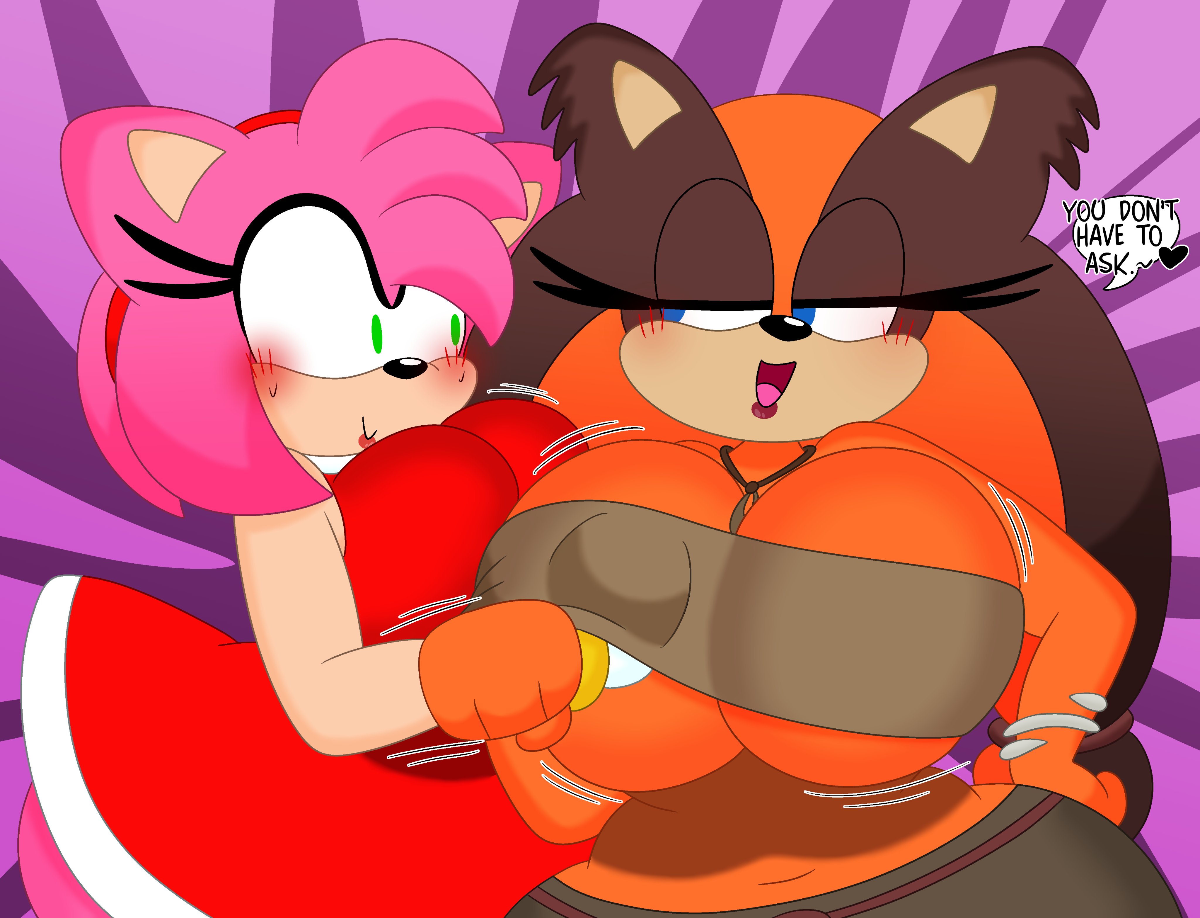 2girls, 3barts, amy rose, anthro, badger, big breasts, breast grab, breast press, breasts, busty, cleavage, clothing, dialogue, english text, female, female only, hedgehog, huge breasts, inviting, sega, sonic (series), sticks the badger, sticks the jungle badger, text, thick thighs, wide hips