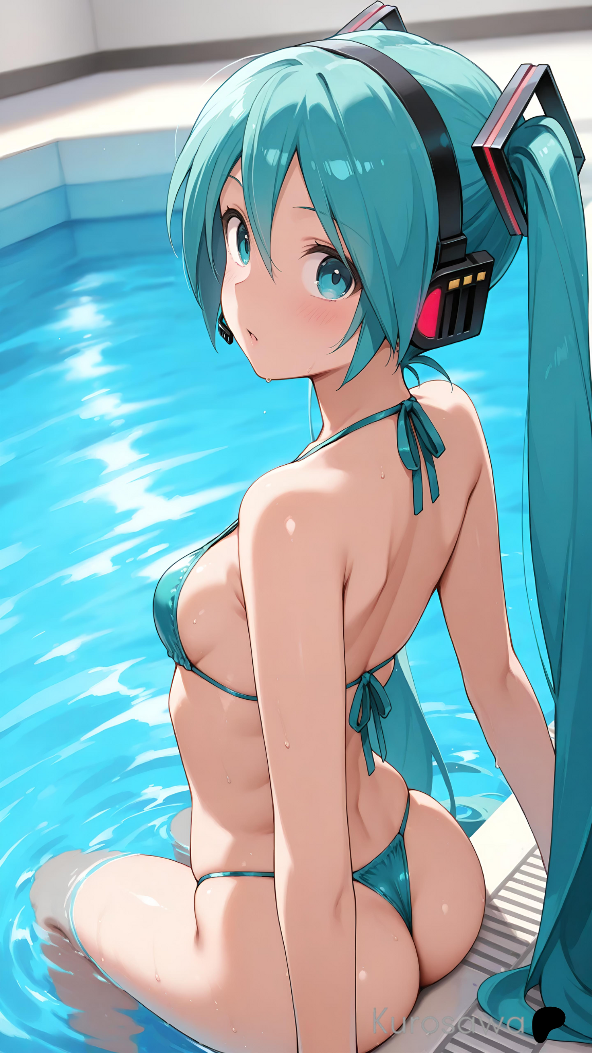 1girl, ai generated, aqua bikini, aqua eyes, aqua hair, ass, bangs, bare shoulders, bikini, blue bikini, blush, breasts, female, from behind, hair between eyes, halterneck, hatsune miku, headphones, headset, long hair, looking at viewer, looking back, medium breasts, parted lips, pool, poolside, project diva, sitting, skindentation, small breasts, soaking feet, solo, string bikini, swimsuit, thong, thong bikini, twintails, very long hair, vocaloid, water, wet