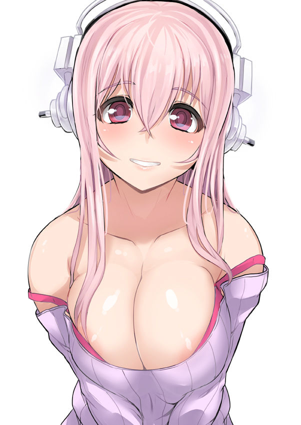 areolae, artist request, big breasts, breasts, breasts squeezed together, collarbone, female, headphones, large breasts, long hair, long sleeves, looking at viewer, loose clothes, nitroplus, pink bra, pink eyebrows, pink eyes, pink hair, purple sweater, shiny skin, smile, smiling, smiling at viewer, strap slip, straps, super sonico, sweater, white background