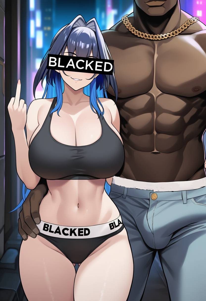 1boy1girl, abs, ai generated, alley, ass visible through thighs, blacked, blacked clothing, breasts, bulge, cheating, cuckold, curvy, dark skin, dark-skinned male, edit, erection under clothes, eyes covered, female, gold chain, height difference, hip grab, hololive, hololive english, hololive english -council-, hololive english -promise-, huge breasts, interracial, large breasts, light skin, light-skinned female, male, middle finger, muscular, muscular male, neon lights, netorare, night, ntr, ouro kronii, outdoors, size difference, smug, sports bra, sports panties, sportswear, text, thick thighs, very dark skin, very muscular, virtual youtuber, vtuber