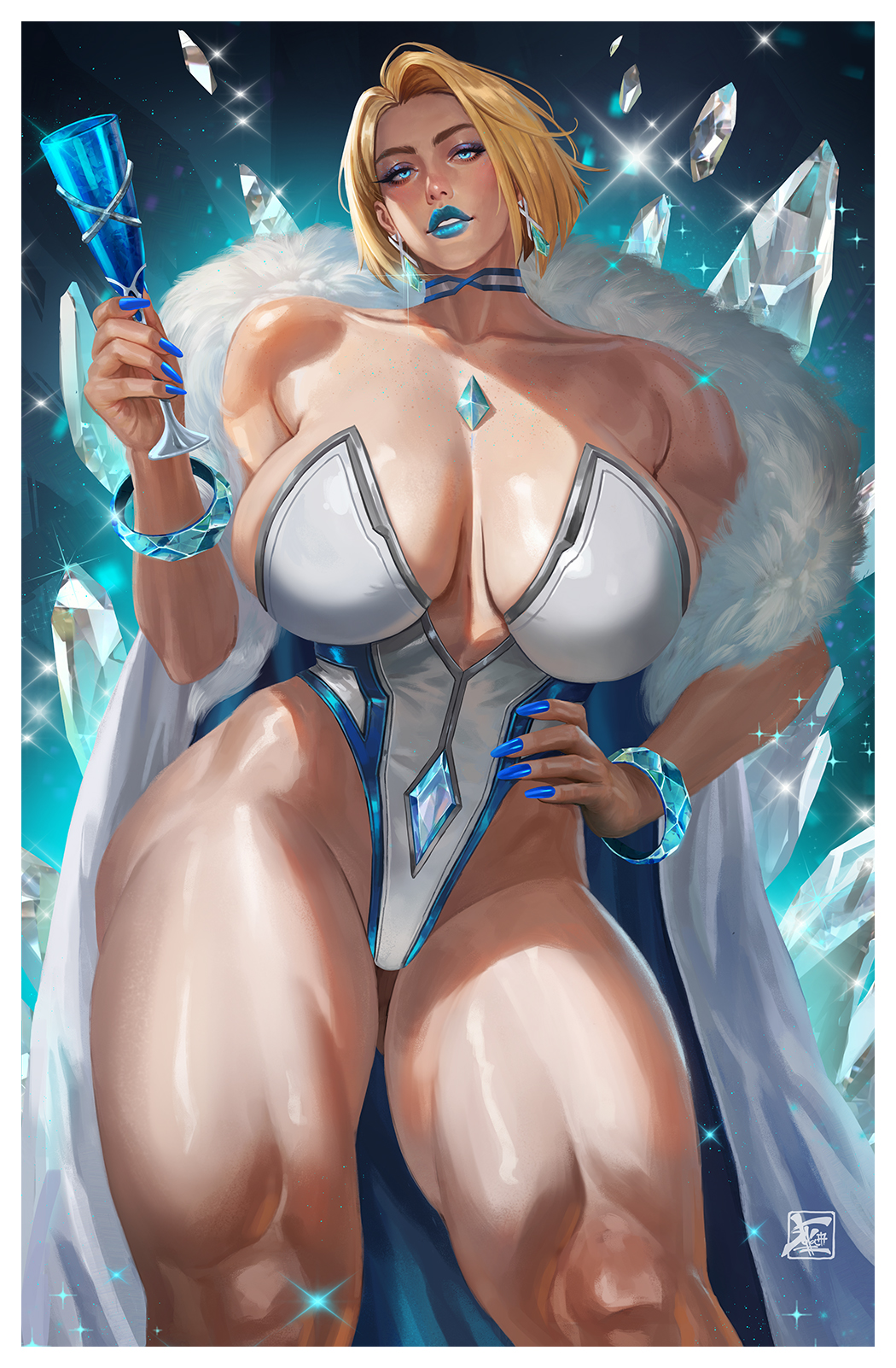 1female, 1girls, 2d, 2d (artwork), bare legs, blonde, blonde female, blonde hair, blonde hair female, blonde-haired female, blue eyes, blue lipstick, blue nails, breasts, broad shoulders, caucasian, caucasian female, choker, cleavage, clothed, clothed female, cowboy shot, digital drawing (artwork), digital media (artwork), emma frost, emma frost (marvel rivals), female, female focus, female human, female only, fur coat, hellfire club, highres, large breasts, leotard, looking at viewer, marvel, marvel comics, marvel rivals, muscular, muscular female, muscular thighs, mutant, mutant (marvel), nail polish, non-nude, pov, pov eye contact, short hair, soffa, solo, solo female, solo focus, standing, staring at viewer, thick thighs, thighs, x-men