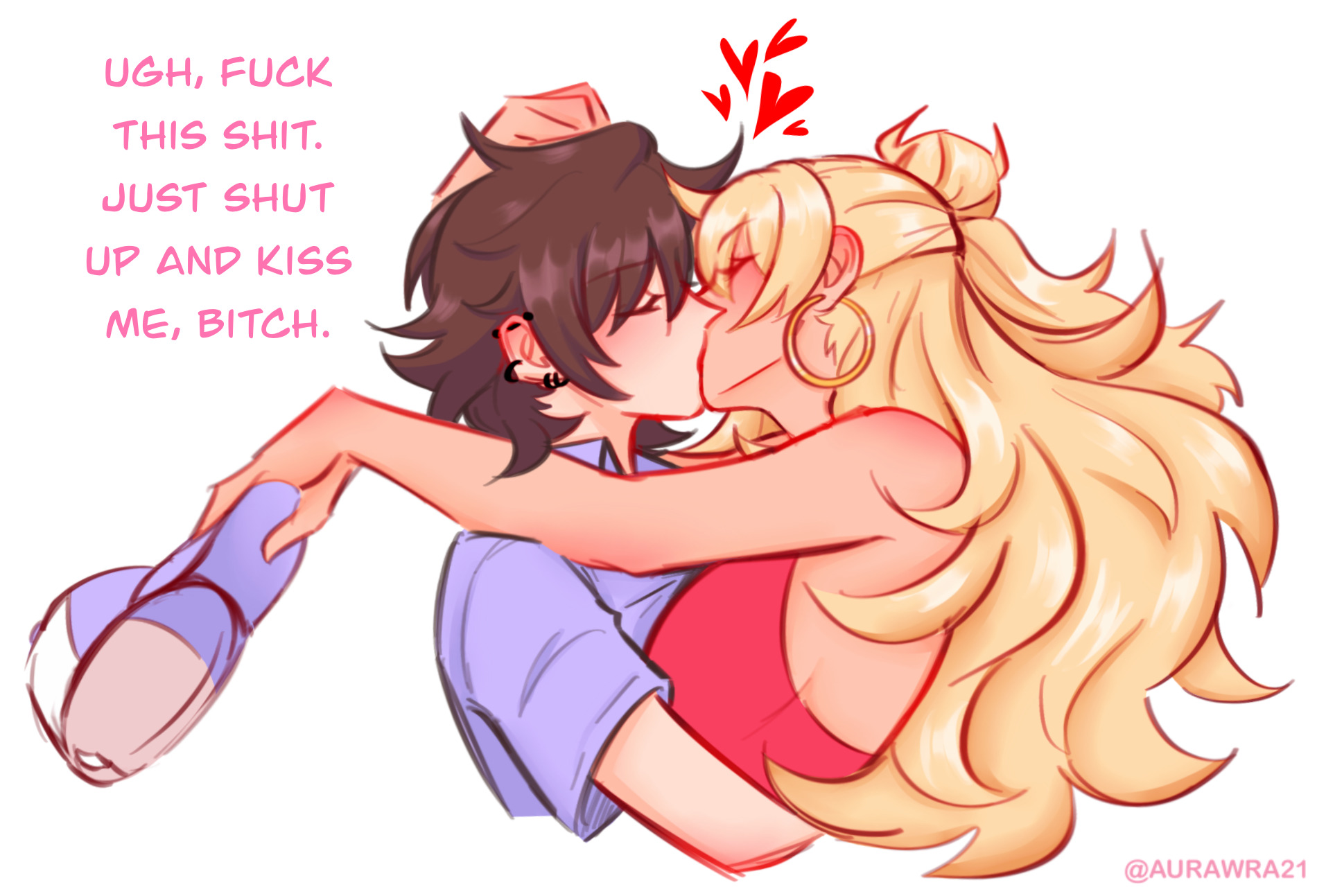 2girls, aurawra21, brown hair, class of '09, couple, delivery girl, female, hat, hearts, jecka (class of '09), jeckole, kissing, lesbian couple, lesbian kiss, long hair, multiple girls, nicole (class of '09), pizza delivery girl, ponytail, short hair, yuri
