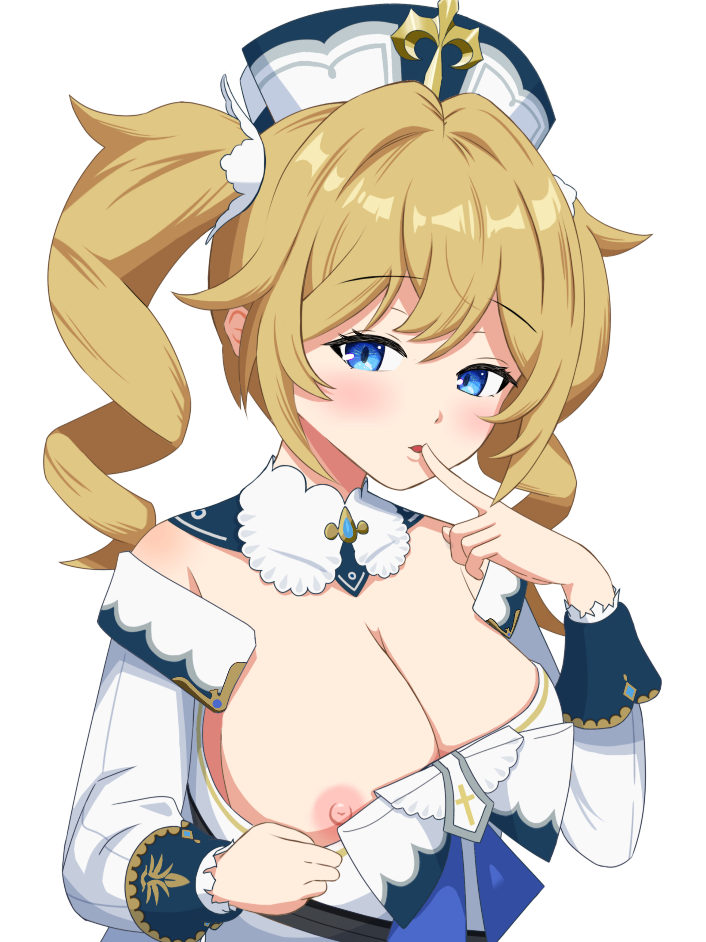 barbara (genshin impact), blonde hair, blue eyes, breasts, female, genshin impact, nipples, nun, one breast out, tagme, twintails