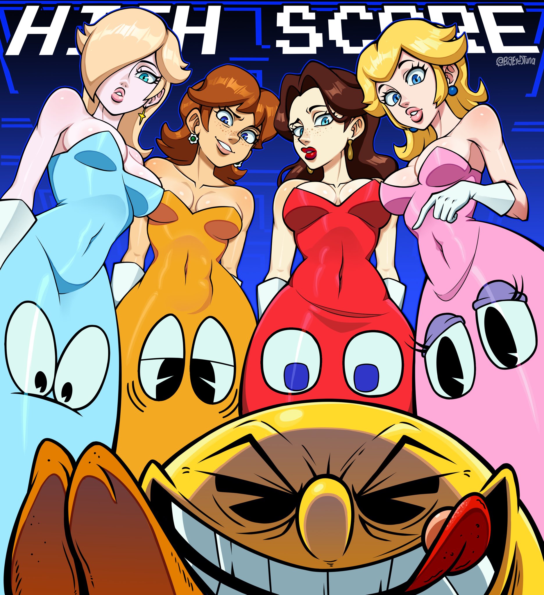 bandai namco, bare shoulders, bigeyedtuna, black eyes, blinky (pac-man), blonde hair, blue eyes, breasts, brown hair, cleavage, clyde (pac-man), crossover, devious grin, dress, earrings, female, gloves, hair over one eye, inky (pac-man), long hair, looking at viewer, looking down, male, mario (series), nintendo, pac-man, pac-man (series), pauline, pauline (mario), percodine, pinky (pac-man), princess daisy, princess peach, princess rosalina, red lipstick, short hair, smirk, tagme, tight clothing, tight fit, tongue