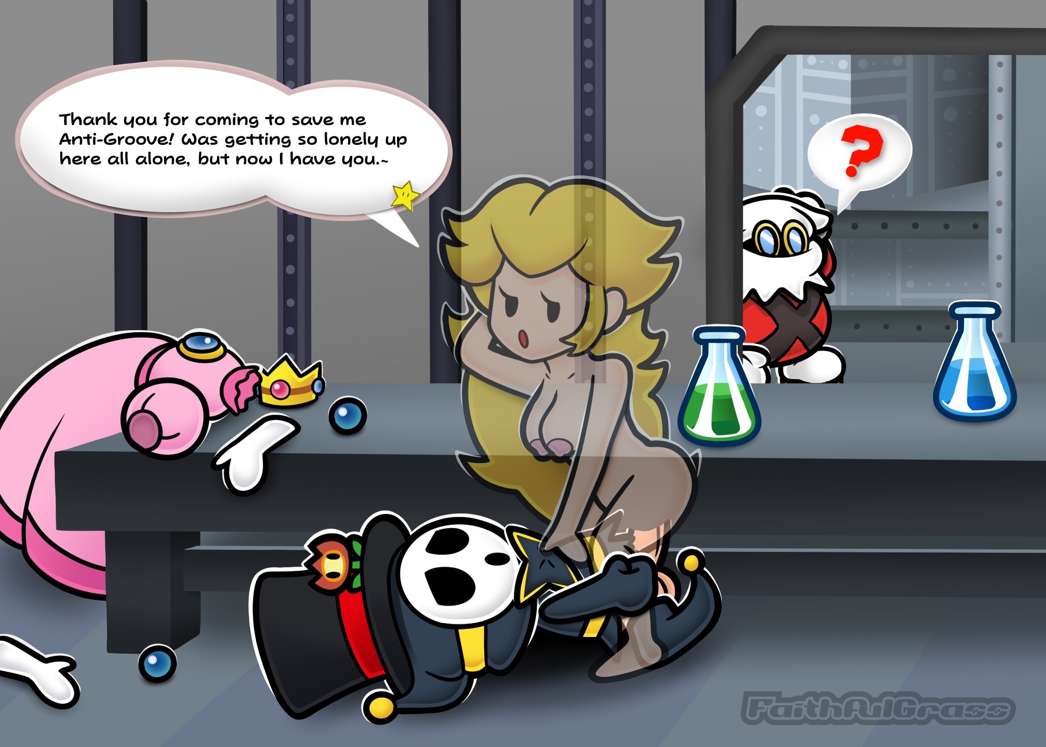 1girls, 2boys, anti groove, blonde female, blonde hair, confused, english, english text, female, fire flower, implied invisibility, invisible sex, laboratory, male, mario (series), nintendo, paper mario, paper mario: the thousand-year door, paper peach, paper peach invisible intermission, princess, princess peach, pussy, shy guy, shyguy, stripped, super mario bros., text box, tophat, vaginal penetration, vaginal sex, x-naut