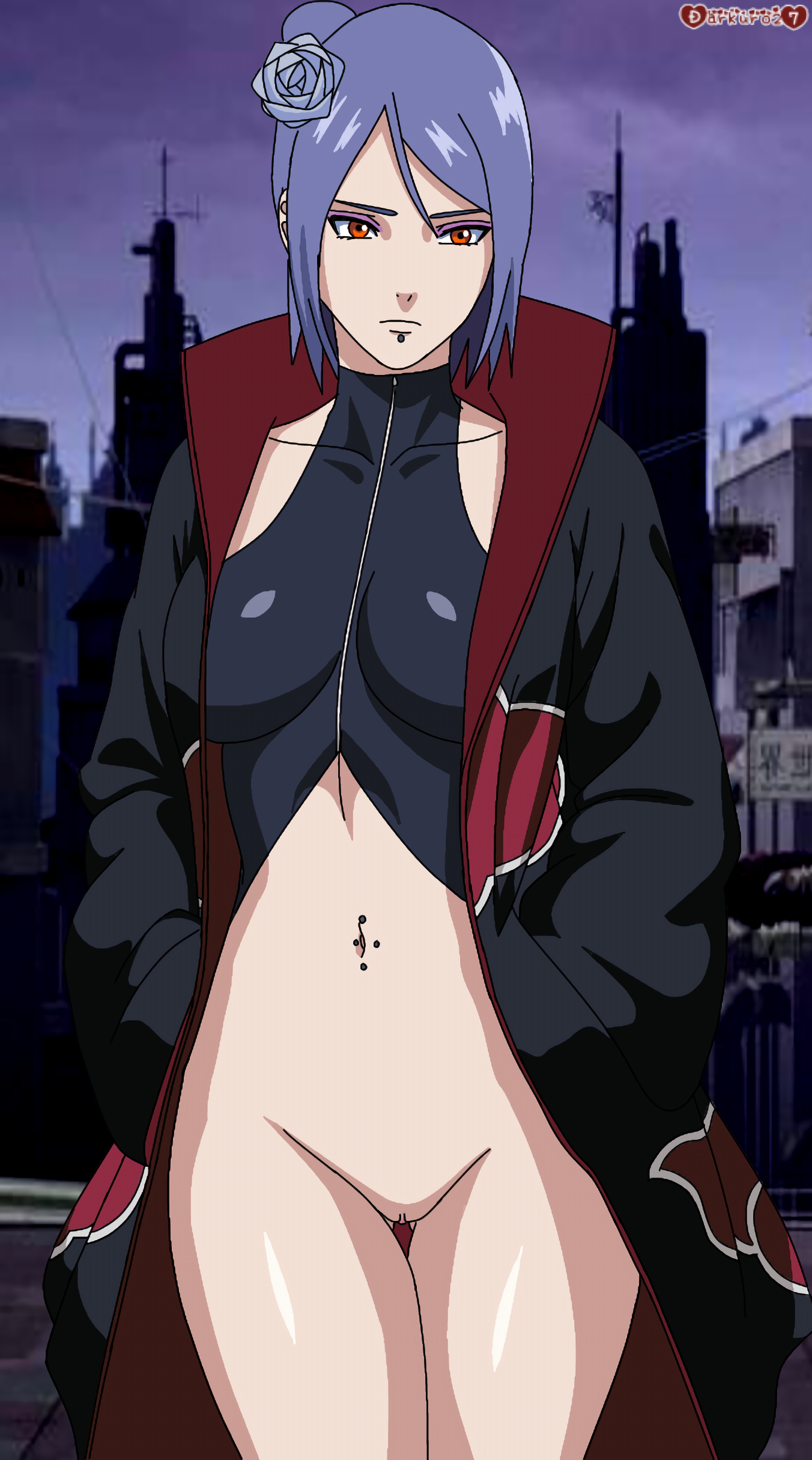 1girls, akatsuki (naruto), barely clothed, blue hair, blush, bottomless, bottomless female, breasts, buildings, city, city background, curvaceous, darkuro 27, dress, embarrassed, erect nipples, female, female only, hands in pockets, hi res, jewelry, konan, large breasts, looking away, mostly nude, naruto, naruto (series), naruto shippuden, nipple slip, nipples, open clothes, orange eyes, outdoors, partially clothed, piercing, pinup, pussy, short hair, solo, standing, undershirt, upper body, vagina, watermark