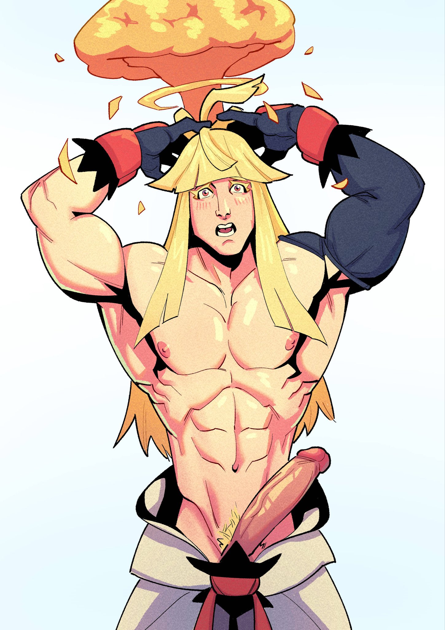 abs, arms above head, biceps, blonde hair, castlechaythe, erect penis, erection, ivor (pokemon), long hair, male, male only, muscles, muscular, muscular male, pecs, penis out, pokemon, pokemon legends: z-a, shirou (pokemon), shirtless male
