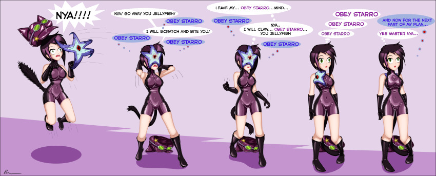 1girls absurdres boots cat_girl clothing comic dc_comics empty_eyes expressionless female femsub green_eyes hat latex mantra mind_control open_mouth original parasite purple_hair purpur_(rosvo) resisting rosvo short_hair simple_background slit_pupils spread_legs standing standing_at_attention starro super_hero tail text wide_eyed wide_hips