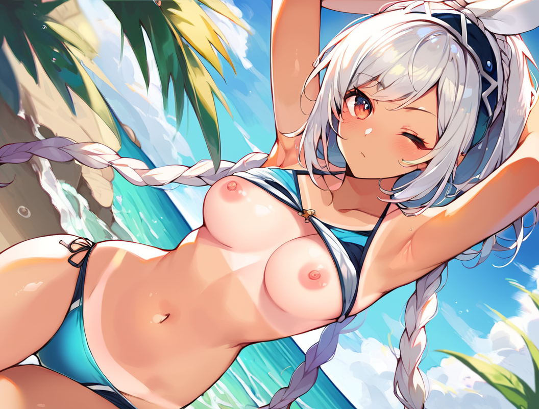 1girls ai_generated armpits arms_up beach belly belly_button big_breasts bikini bikini_bottom bikini_top blue_bikini blue_sky blush dark-skinned_female dark_skin genshin_impact hands_up long_hair looking_at_viewer medium_breasts mualani_(genshin_impact) one_eye_closed sea seaside shy silver_hair tan_body tan_lines tan_skin twintails