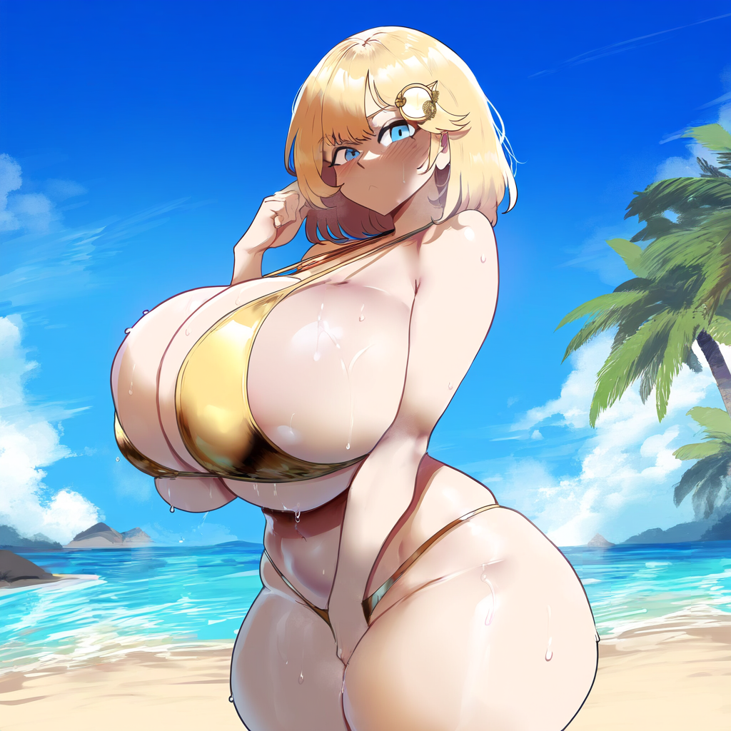 ai_generated ameanon beach big_breasts bikini blonde_hair blue_eyes blush breasts cleavage embarrassed gold_bikini hololive hololive_english hololive_myth huge_breasts large_breasts sideboob sweat sweating sweaty sweaty_breasts thick_thighs underboob virtual_youtuber vtuber watson_amelia