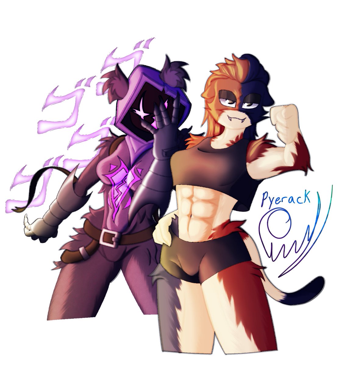 2females 2girls :3 abs anthro armpits arms_up ass beanie beanie_hat bear bear_ears bear_girl belly belt boots booty_shorts breasts calico calico_cat calico_cat_humanoid calico_pattern cat_ears cat_girl cat_humanoid cat_tail catgirl clothed clothed_female clothing crop_top curvy epic_games fangs feline female female_focus female_only fortnite fortnite:_battle_royale fur furry furry_ears furry_female furry_only furry_tail gauntlet gauntlets hand_on_hip hood hood_up hourglass_figure humanoid jojo's_bizarre_adventure jojo_reference long_hair looking_at_viewer medium_breasts meow_skulls_(fortnite) muscle muscles muscular muscular_anthro muscular_arms muscular_female open_mouth pointing pointing_at_viewer purple_body purple_eyes purple_fur purple_hair purple_skin pyerack pyerack_(artist) raven_team_leader scar scar_across_eye scar_on_face shorts simple_background stomach tank_top thick_thighs thighs white_background wide_hips workout_clothes