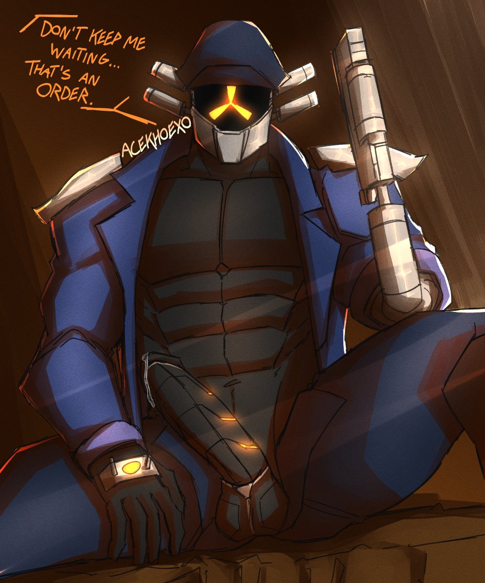 1boy, 2025, abs, acekhoexo, ambiguous species, balls, bara, black body, black clothing, black glans, black gloves, black handwear, black penis, blue clothing, blue jacket, blue topwear, bodily fluids, bottomwear, brown background, captain (risk of rain), captain hat, circumcised, clothed, clothing, commanding viewer, dark skin, erection, faceless character, faceless humanoid, faceless male, feet out of frame, gay, genital fluids, genitals, glans, gloves, glowing, glowing eyes, glowing genitalia, glowing markings, glowing penis, grey bottomwear, grey clothing, grey pants, hand on leg, hand on thigh, handwear, helmet, hi res, humanoid, imminent sex, jacket, leaking precum, looking at viewer, machine, male, male only, markings, mask, masked, masked male, muscles, muscular, muscular humanoid, muscular male, open bottomwear, open clothing, open pants, ordering, pants, pauldrons, pecs, penis, precum, precum drip, precum on penis, precum string, presenting, prosthetic, prosthetic arm, prosthetic limb, risk of rain, risk of rain 2, robot, robot boy, robot humanoid, robot penis, segmented penis, shirtless, shoulder guards, signature, simple background, sitting, six pack, solo, solo male, spread legs, spreading, testicles, text, topwear, unseen male face, unzipped, unzipped pants, weapon, weapon prosthetic, yaoi, zipper