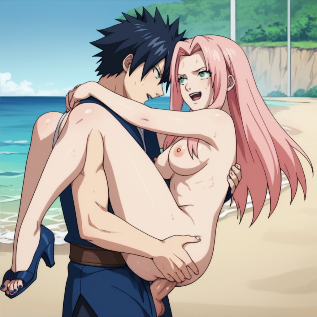 ai_generated and carrying crossover fairy_tail gray_fullbuster long_hair naruto pink_hair sakura_haruno stand stand_and_carry_position standing standing_sex