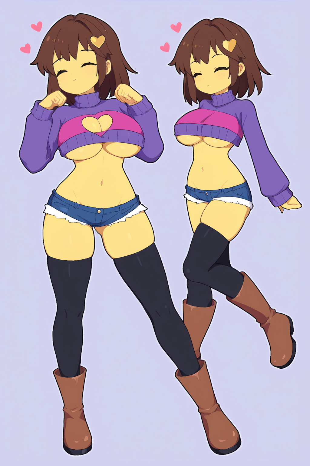 1girls ai_generated anonymous_artist boots brown_hair cleavage_cutout closed_eyes frisk micro_shorts multiple_views short_shorts sweater thighhighs underboob undertale