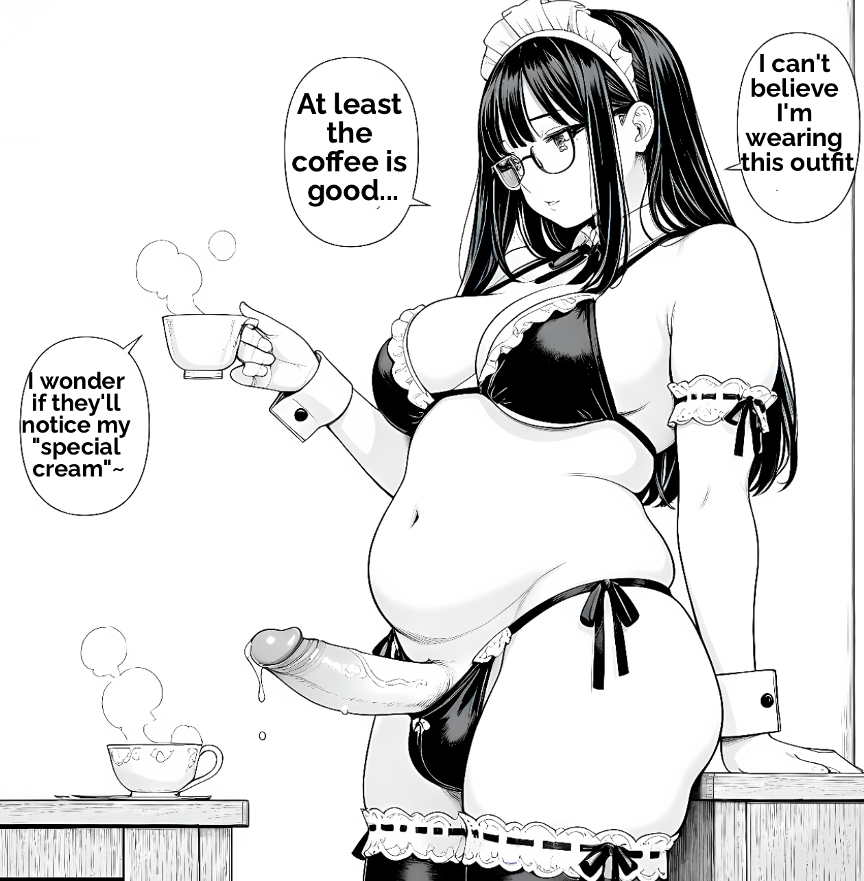 ai generated, annie (furryroxxie), coffee, cum in drink, dickgirl, futa only, futanari, intersex, maid, maid bikini, maid headdress, maid outfit, maid uniform, tagme, trans woman, transfem