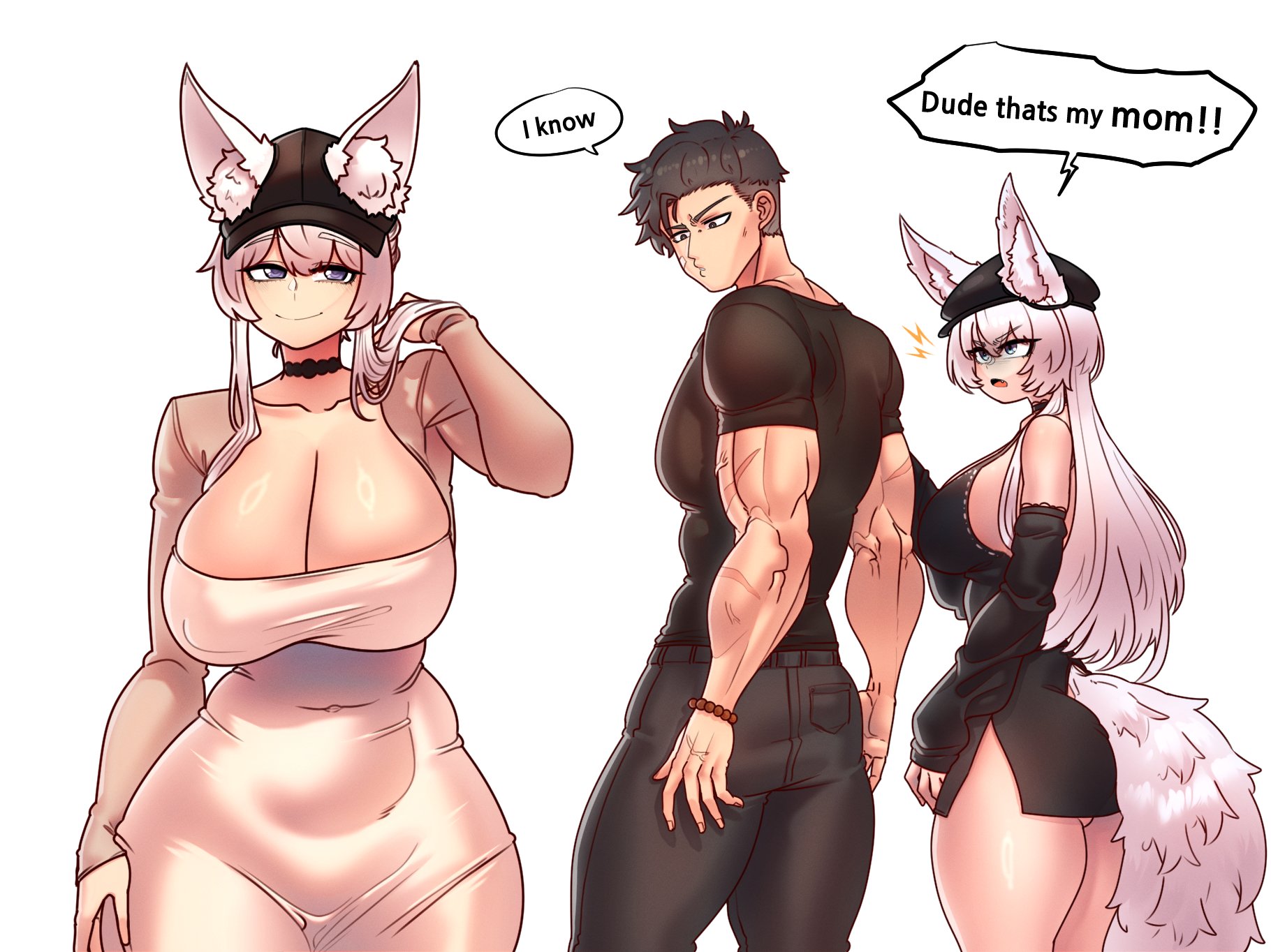 2girls, animal ears, distracted boyfriend, dress, female, js4935, kemonomimi, male, male jerk, milf, mother, mother and daughter, pillow shading, tail, text, tight dress, younger female