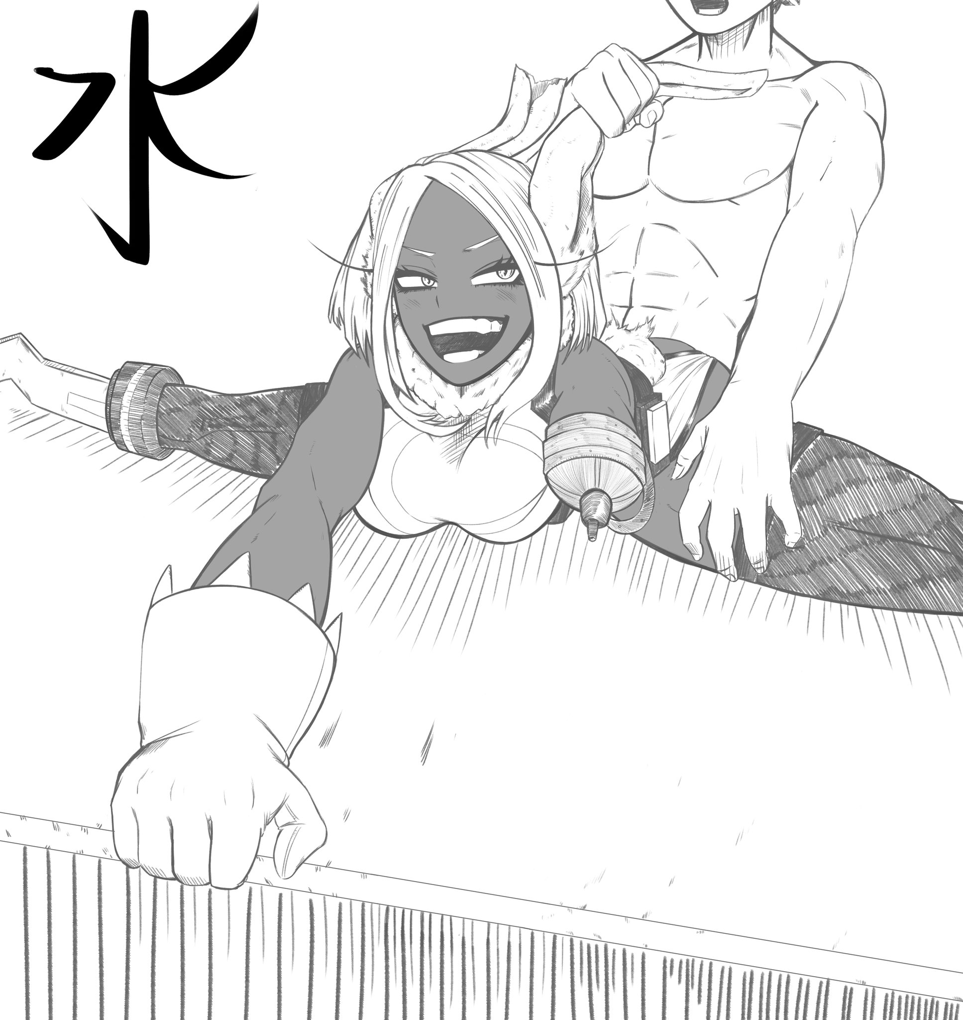 1boy, 1girls, amputee, boku no hero academia, bunny ears, bunny tail, eyeless male, female, from behind, from behind position, gripping, looking back, looking pleasured, male, miruko, mizutori, mizutori (artist), my hero academia, prosthetic, rumi usagiyama, sketch