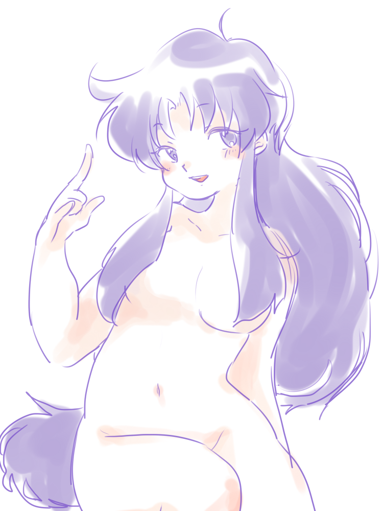 1girls belly_button female female_only ganbare_goemon hair_covering_breasts konami limited_palette long_hair nude purple_hair sketch softcore solo solo_female yae_(ganbare_goemon)