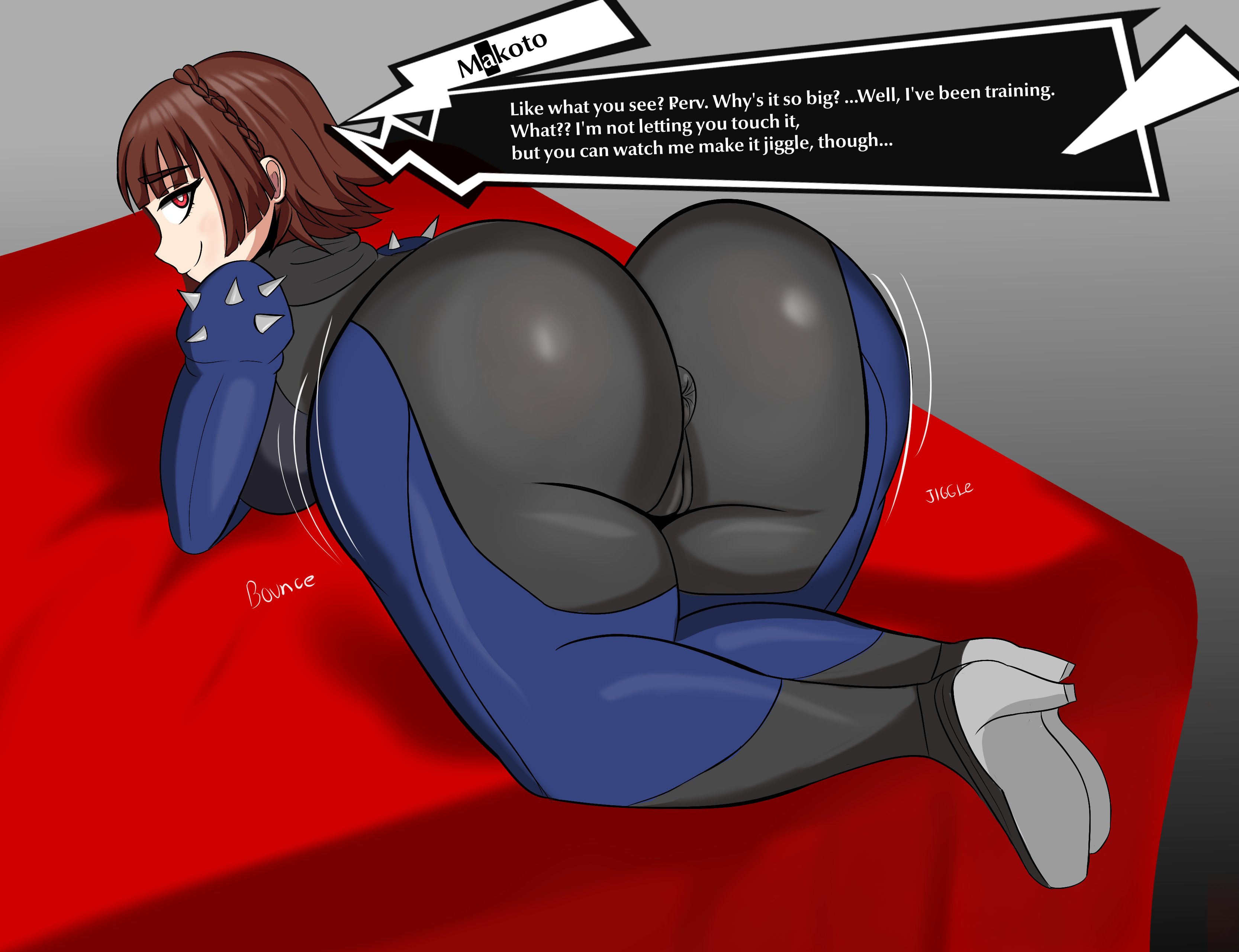 1girls, 2025, 2d (artwork), anus outline, ass, ass focus, ass size talk, bent over, big ass, big butt, bodysuit, brown hair, bubble ass, bubble butt, cameltoe, covered anus, female, hair ornament, heels, huge ass, kneeling, latex clothing, light skin, light-skinned female, looking at viewer, looking back, makoto niijima, makoto niijima (queen), motion lines, on bed, persona, persona 5, pervert (phrase), phantom thief suit, pussy, red eyes, short hair, size talk, skin tight, smiling, solo female, teasing, telosynth, text, thick thighs, voluptuous