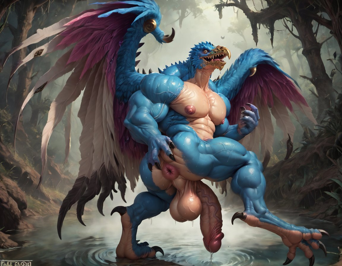 ai_generated ailurid anthro anus ass avian balls bird bubble_butt genitals lord_of_change male male_only muscular nude penis solo spread_butt spreading swamp warhammer_(franchise) wings