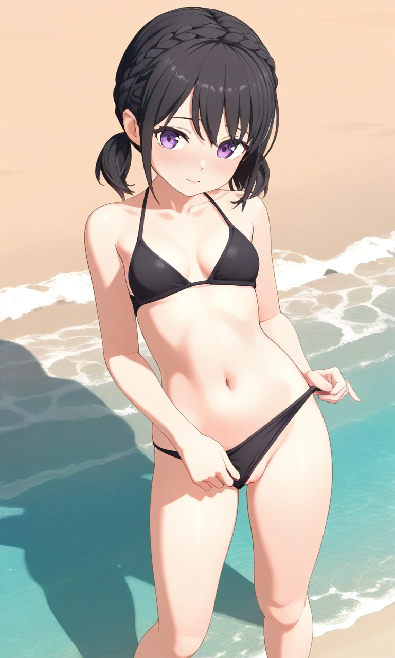 1girls ai_generated beach bikini black_bikini black_bra black_hair black_panties flim13 mitsuki_(flim13) panties_aside presenting purple_eyes small_breasts twintails unofficial visible_pussy