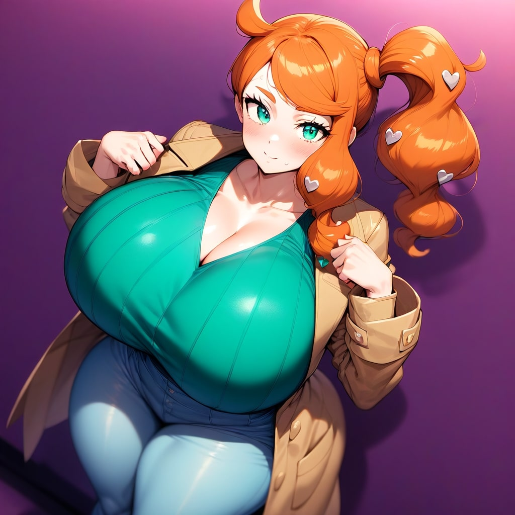 1girls ai_generated big_breasts breasts cleavage coat collar collarbone female game_freak green_eyes green_shirt heart huge_breasts jeans large_breasts light-skinned_female light_skin massive_breasts minmin nintendo orange_hair pokemon solo sonia_(pokemon)