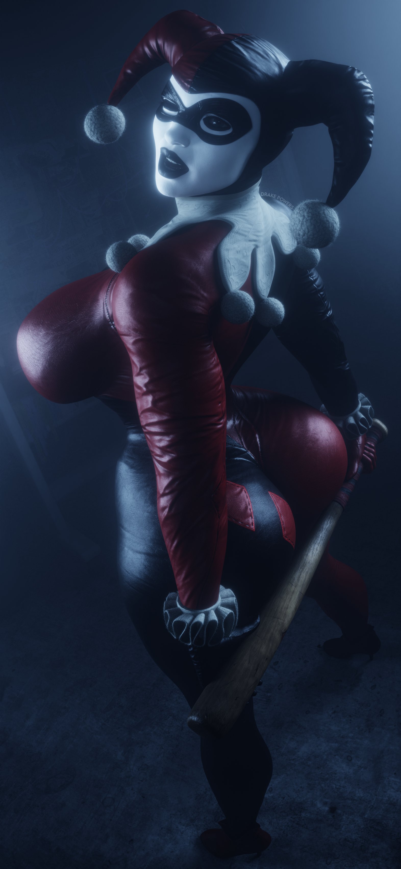 3d, ass, baseball bat, batman (series), batman: arkham knight, black lips, bodysuit, breasts, dc, dc comics, domino mask, drakepowers, duplicate, female, full body, harley quinn, harley quinn (classic), harley quinn (injustice), injustice 2, large breasts, multicolored bodysuit, one eye closed, open mouth, solo, standing, white skin, wink