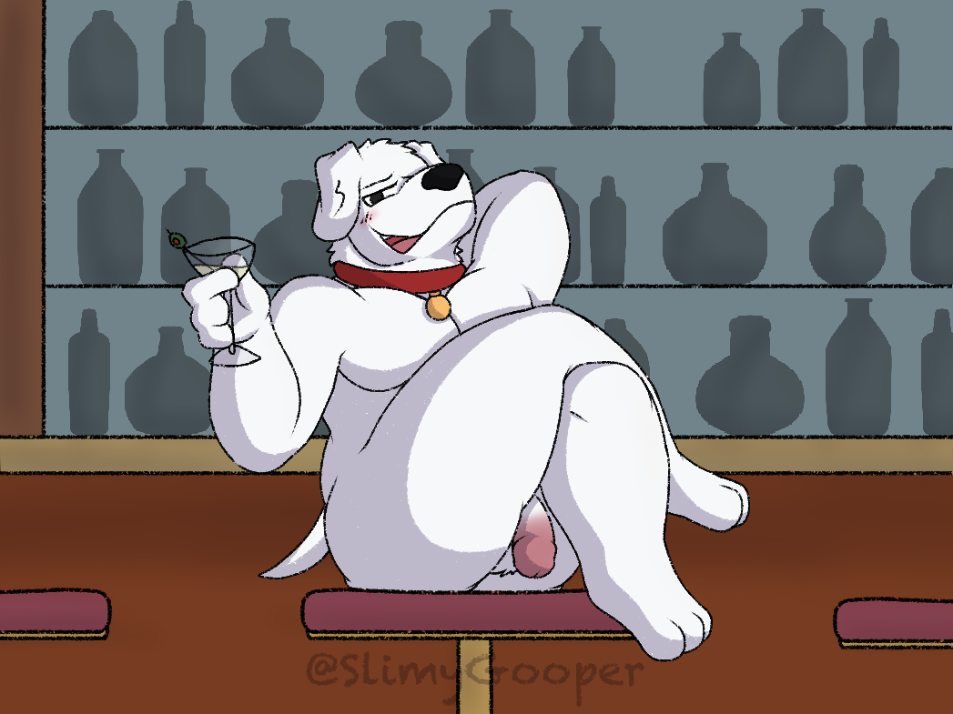 20th_century_fox 20th_century_studios alcohol anthro ass bar beverage brian_griffin canid canine crossed_legs family_guy fuzzy_door_productions genitals glass hand_behind_head holding_glass holding_object hornypurpproto leg_over_thigh male mammal nude penis sitting slimygooper solo wine