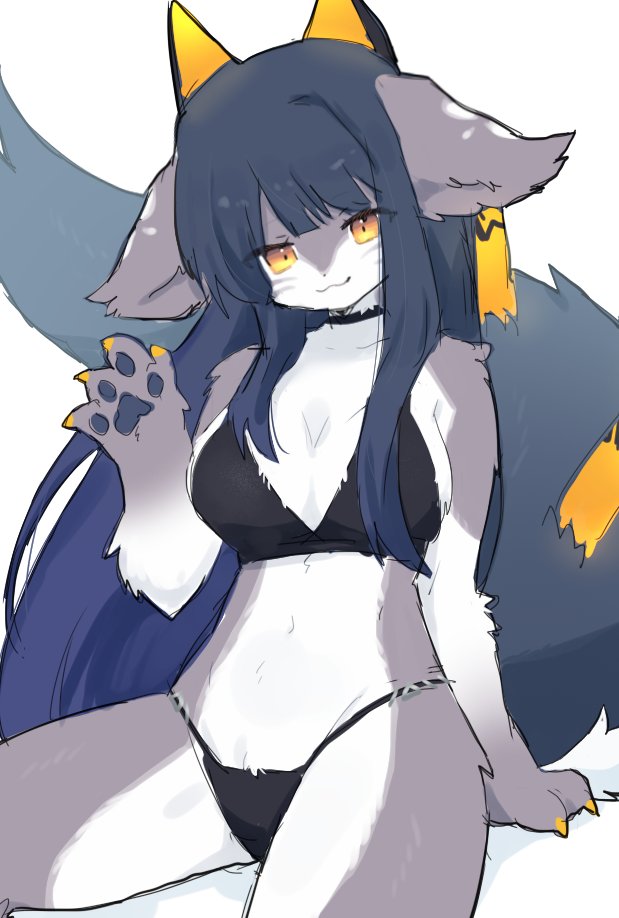 1girls anthro bangs big_breasts black_hair blue_hair bra breasts claws cute cute_fang female female_only furry furry_only grey_body grey_fur hime_cut horns long_hair looking_at_viewer navel open_mouth orange_eyes panties paws simple_background spommmm thighhighs white_fur wholesome