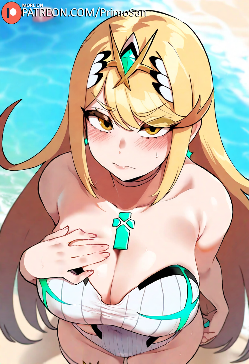 ai_generated beach blonde blonde_female blonde_hair blonde_hair_female blush blush_lines breasts core_crystal embarrassed female female_focus from_above hand_on_breast hand_on_own_breast hand_on_own_chest large_breasts long_hair looking_at_viewer mythra mythra_(xenoblade) one-piece_swimsuit primosan pussy_juice solo solo_female solo_focus standing swimsuit thick_thighs water white_swimsuit xenoblade_(series) xenoblade_chronicles_(series) xenoblade_chronicles_2 yellow_eyes