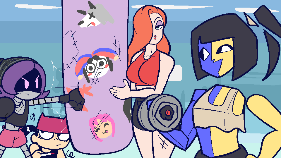 boxing boxing_attire boxing_gloves boxing_shorts ena jessica_rabbit joel_g murder_drones my_life_as_a_teenage_robot netto-painter punching punching_bag punching_face tiff_crust training uzi_(murder_drones) weight weightlifting who_framed_roger_rabbit