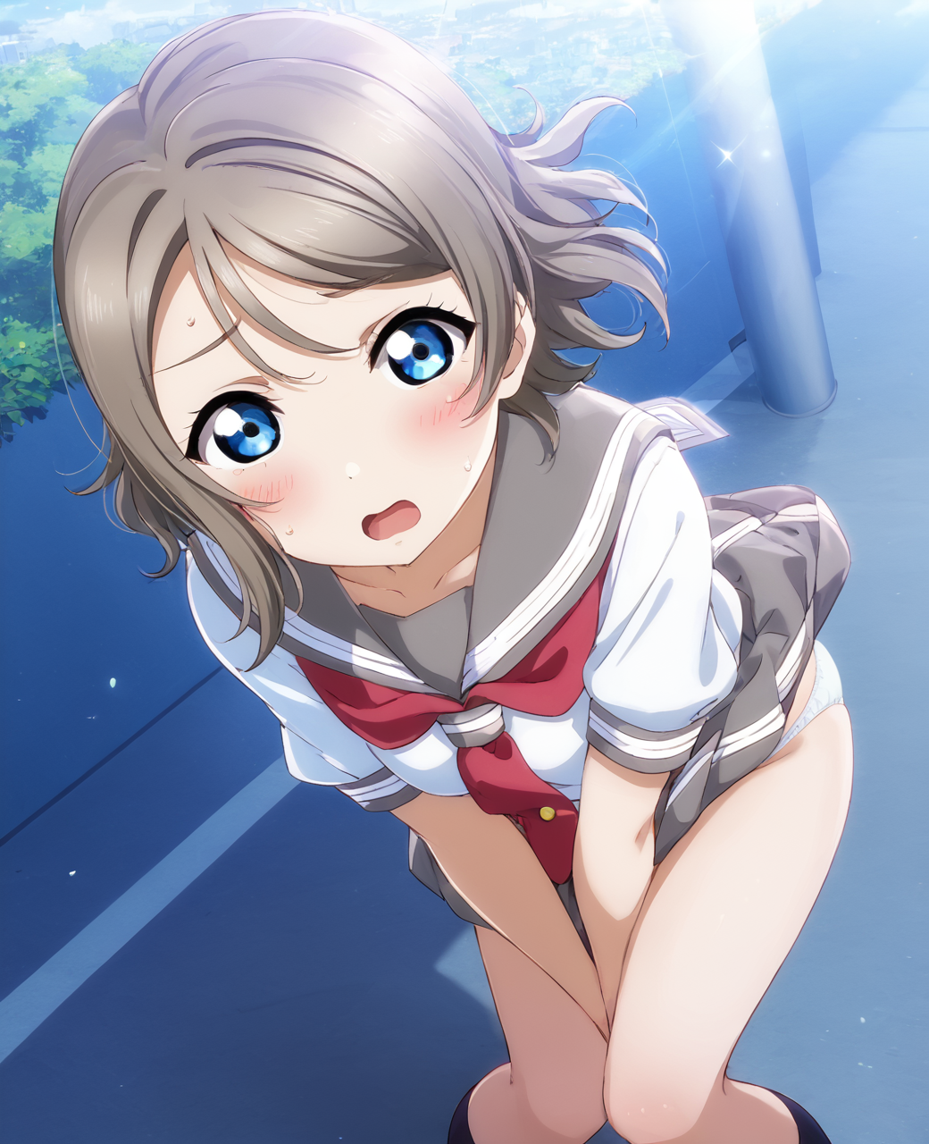 ai_generated ass ass_focus blue_eyes brown_hair female from_behind love_live! love_live!_sunshine!! panties school_uniform schoolgirl serafuku short_hair watanabe_you