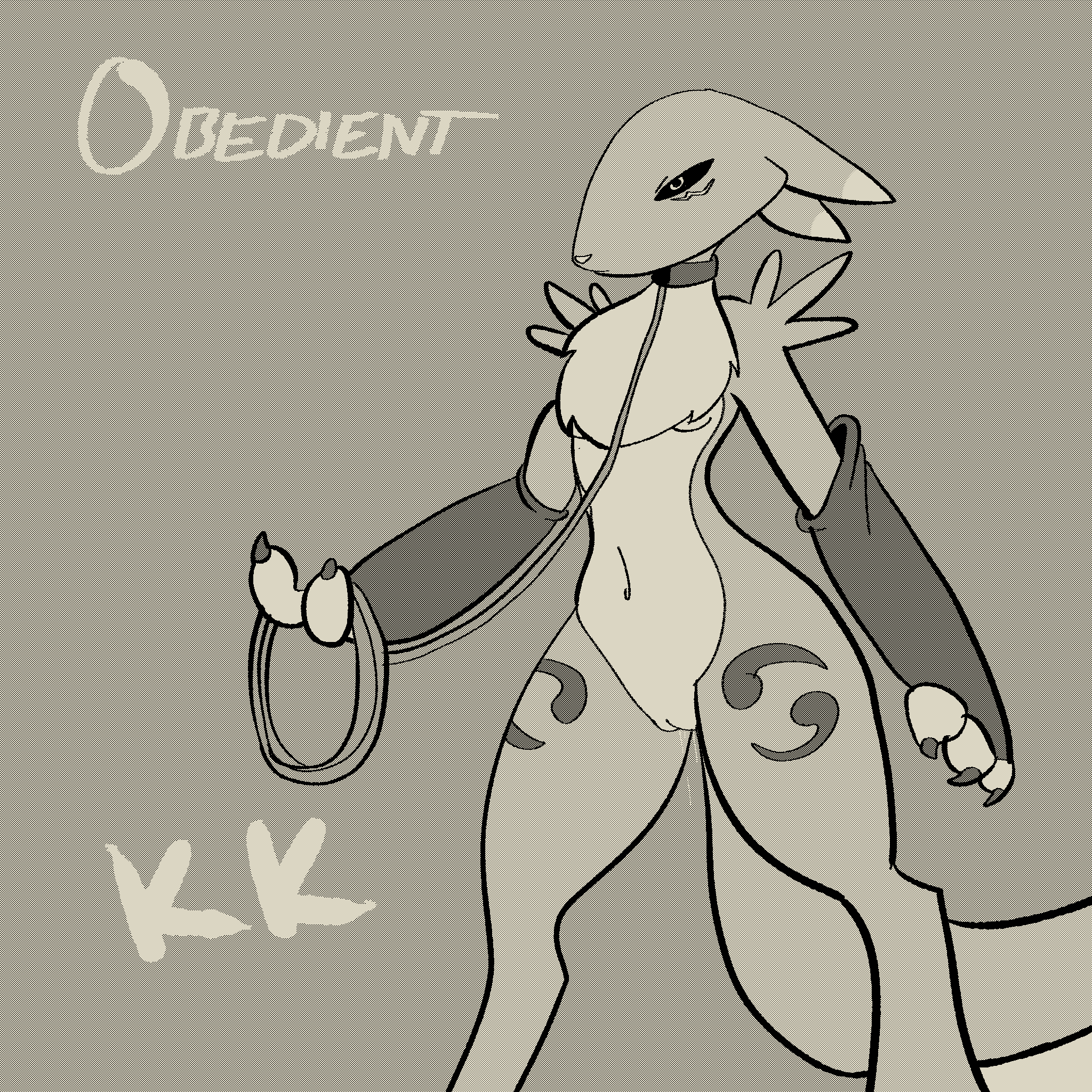 bandai_namco black_and_white black_sclera bodily_fluids collar digimon digimon_(species) female genital_fluids genitals halftone_shading hi_res kingkuraselache leash leashed_collar monochrome navel nintendo pussy renamon solo vaginal_fluids