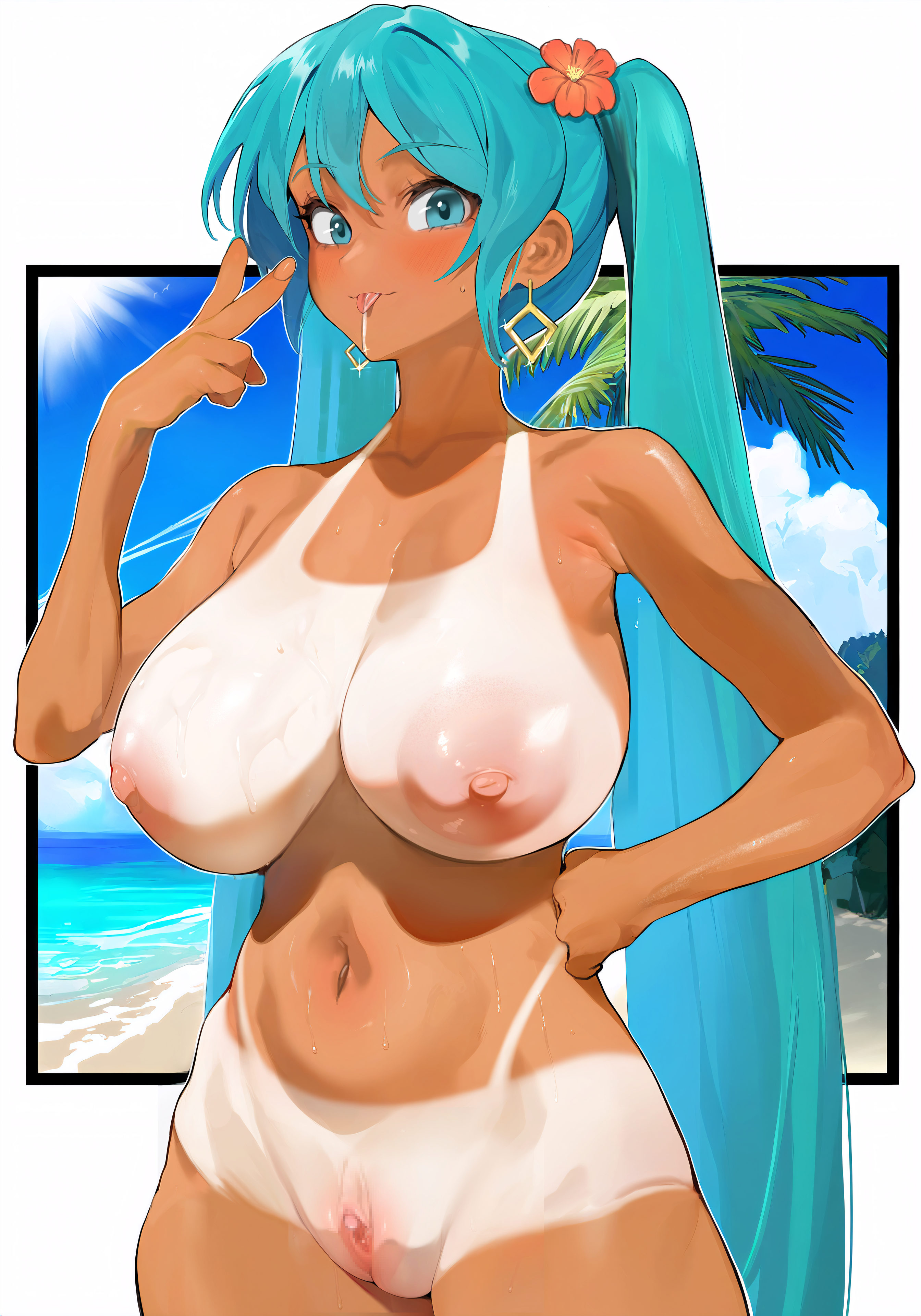 :p, 1girl, aqua eyes, aqua hair, athletic, athletic female, beach, big breasts, bikini tan, blush, brazil, brazilian, brazilian female, brazilian miku, breasts, busty, cloud, completely nude, day, earrings, female, female focus, female only, flower, flower in hair, hair flower, hair ornament, hand on hip, hatsune miku, hourglass figure, huge breasts, jewelry, large breasts, long hair, looking at viewer, mousekkk, navel, nipples, nude, ocean, one-piece tan, outdoors, outside, palm tree, pussy, saliva, saliva string, sky, solo, sweat, tagme, tan, tan body, tan skin, tanline, tanlines, tongue, tongue out, tree, twintails, v, very long hair, vocaloid, wide hips