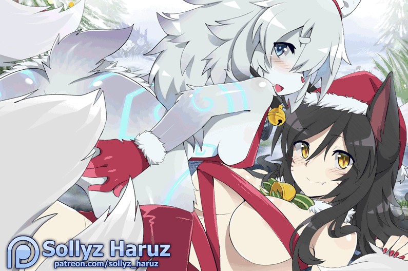 2girls :o ahri animal_ears artist_name bell blue_eyes blush body_fur breasts brown_hair covered_nipples female female_only fox_ears furry furry_female grey_hair hat kindred lamb_(league_of_legends) large_breasts league_of_legends long_hair medium_breasts multiple_girls nail_polish neck_bell oerba_yun_fang orange_eyes red_hat red_nails red_thighhighs santa_hat sheep_ears sheep_tail slit_pupils sollyz tail thighhighs