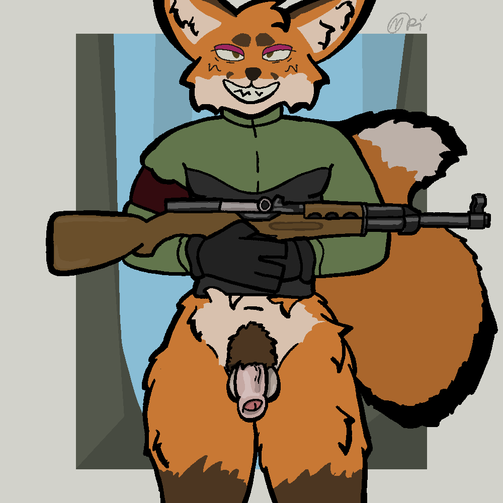 anthro balls big_ears big_tail bottomless brown_body brown_eyes brown_fur brown_pubes canid canine clothed clothing erection flaccid fluffy fluffy_tail foreskin fox fur genitals gloves grin gun handwear holding_object holding_weapon humanoid_genitalia humanoid_penis inner_ear_fluff looking_at_viewer makeup male mammal navel orange_body orange_fur penis pinup pose pubes ranged_weapon red_fox rifle sharp_teeth simple_background skitterzo smile solo tail tan_balls tan_penis teeth thigh_up true_fox tuft vein veiny_penis weapon