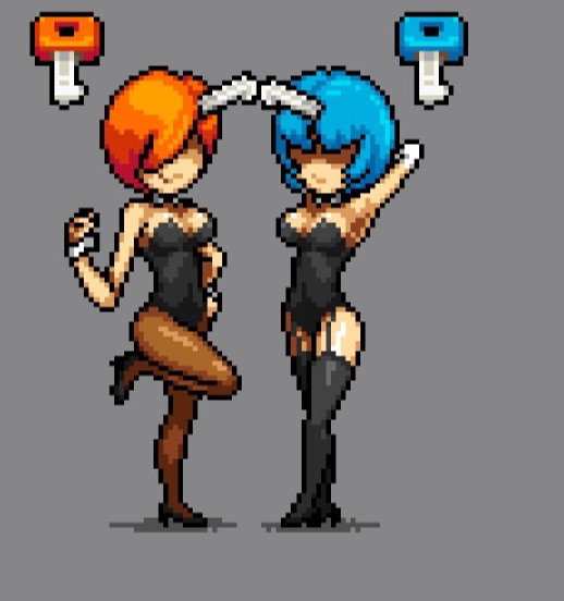 2females 2girl 2girls belly belly_button big_breasts black_socks, blue_hair breasts brush bunnysuit clothed clothed_female clothes clothing curvy curvy_body curvy_female curvy_females curvy_figure dead_ahead female female_focus female_only heels key long_socks looking_at_viewer partially_clothed pixel pixel_(artwork) pixel_art pixelated red_hair rule_63 seductive seductive_body seductive_look seductive_pose seductive_smile short_hair smile smile_at_viewer smiley_face young younger_female