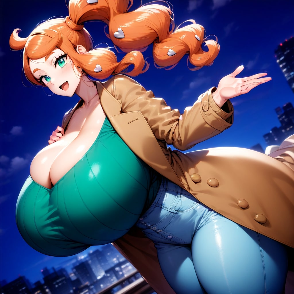 1girls ai_generated big_breasts breasts cleavage coat collar collarbone female female game_freak green_eyes green_shirt heart huge_breasts jeans large_breasts light-skinned_female light_skin massive_breasts minmin nintendo npc_trainer orange_hair pokemon pokemon_ss solo solo_female solo_focus sonia_(pokemon)