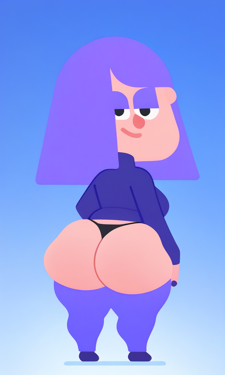 ai_generated ass ass_focus back big_ass black_thong blue_background full_body lily_(duolingo) looking_at_viewer naughty_face naughty_smile pixai purple_hair purple_pants shortstack standing thick_ass thick_thighs wide_hips