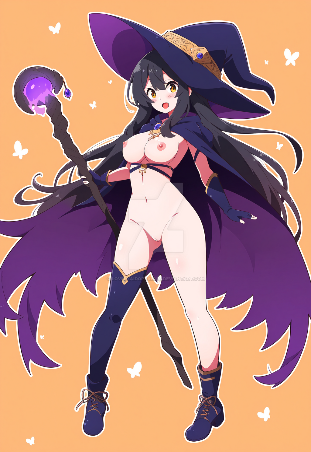 1girls ai_generated black_hair boots breasts cape fingerless_gloves holding_staff looking_at_viewer mostly_nude open-mouth_smile pussy witch witch_hat yellow_eyes