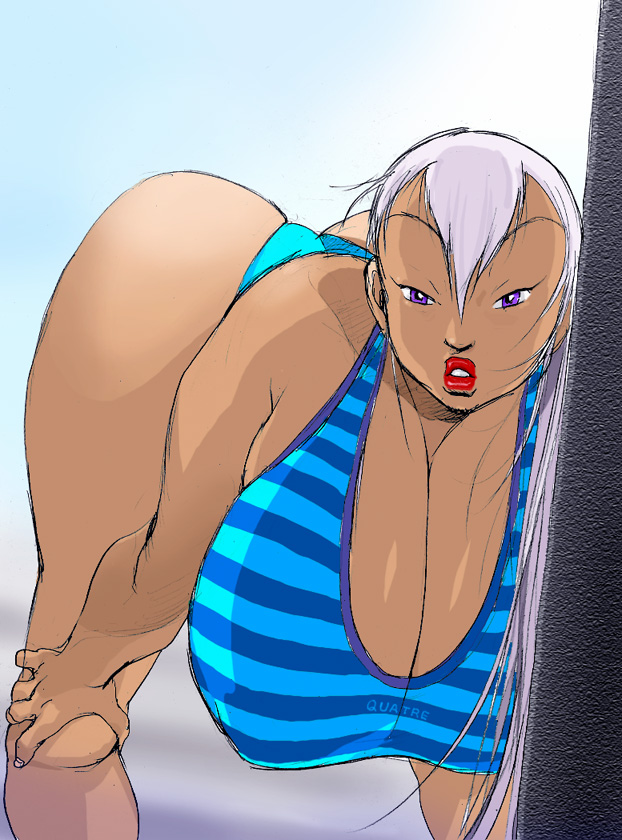 1girls big_ass big_breasts bimbo covered_nipples curvy curvy_female dark-skinned_female dark_skin eiden female gigantic_breasts gri_gri grinis_quatre_gricom hands_on_knees hanging_breasts huge_ass legs_apart lipstick looking_at_viewer mature mature_female milf nipple_bulge purple_eyes solo solo_female thick_thighs voluptuous voluptuous_female white_background white_hair