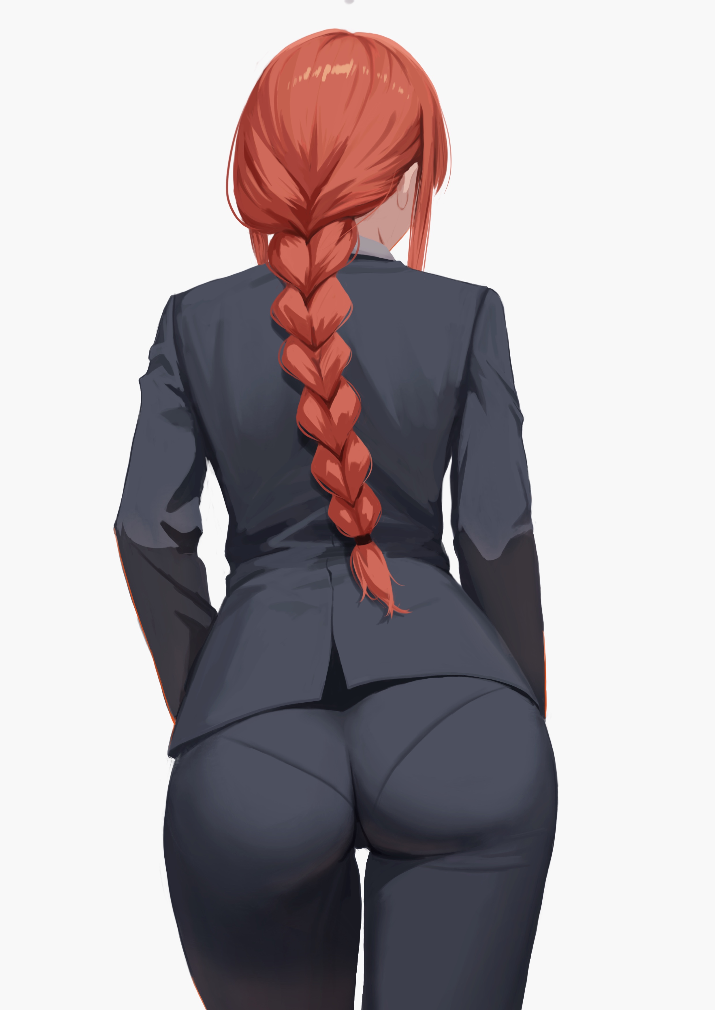 1girls, ass, back, back view, big ass, braid, braided hair, braided ponytail, chainsaw man, clothed, clothing, diky, female, female only, fully clothed, hair, light skin, light-skinned female, long hair, makima (chainsaw man), mammal, pale skin, pale-skinned female, panties, panties under pants, panties visible through clothing, pants, pantylines, rear view, red hair, solo, solo female, solo focus, suit, thick thighs, thin waist, underwear outline, uniform, unseen female face, upper body, very long hair, white background, white body, wide hips