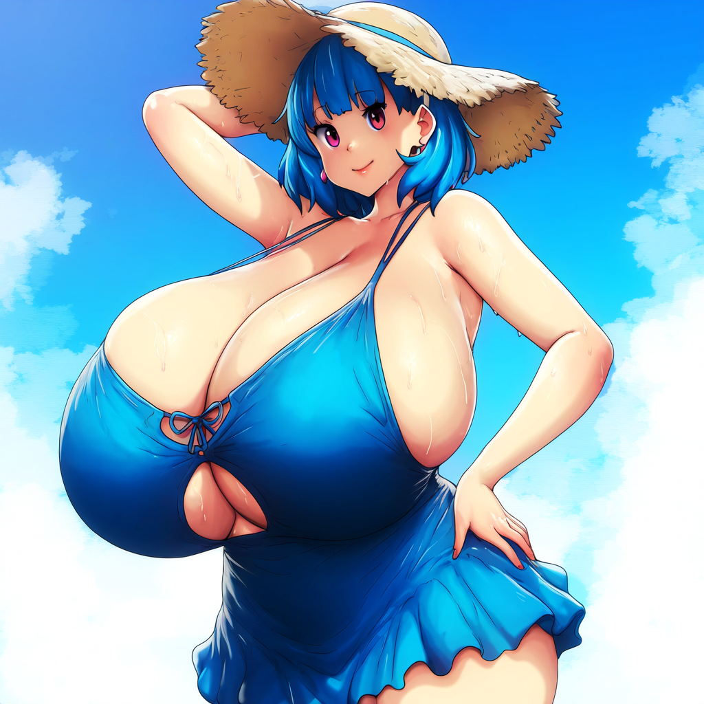 ai_generated ameanon big_breasts blue_dress blue_hair breast_cutout breasts breasts_bigger_than_head cleavage gigantic_breasts huge_breasts large_breasts pink_eyes rina_atherina rina_atherina_(errorkazoo) sideboob straw_hat sundress sweat sweating sweaty sweaty_breasts underboob