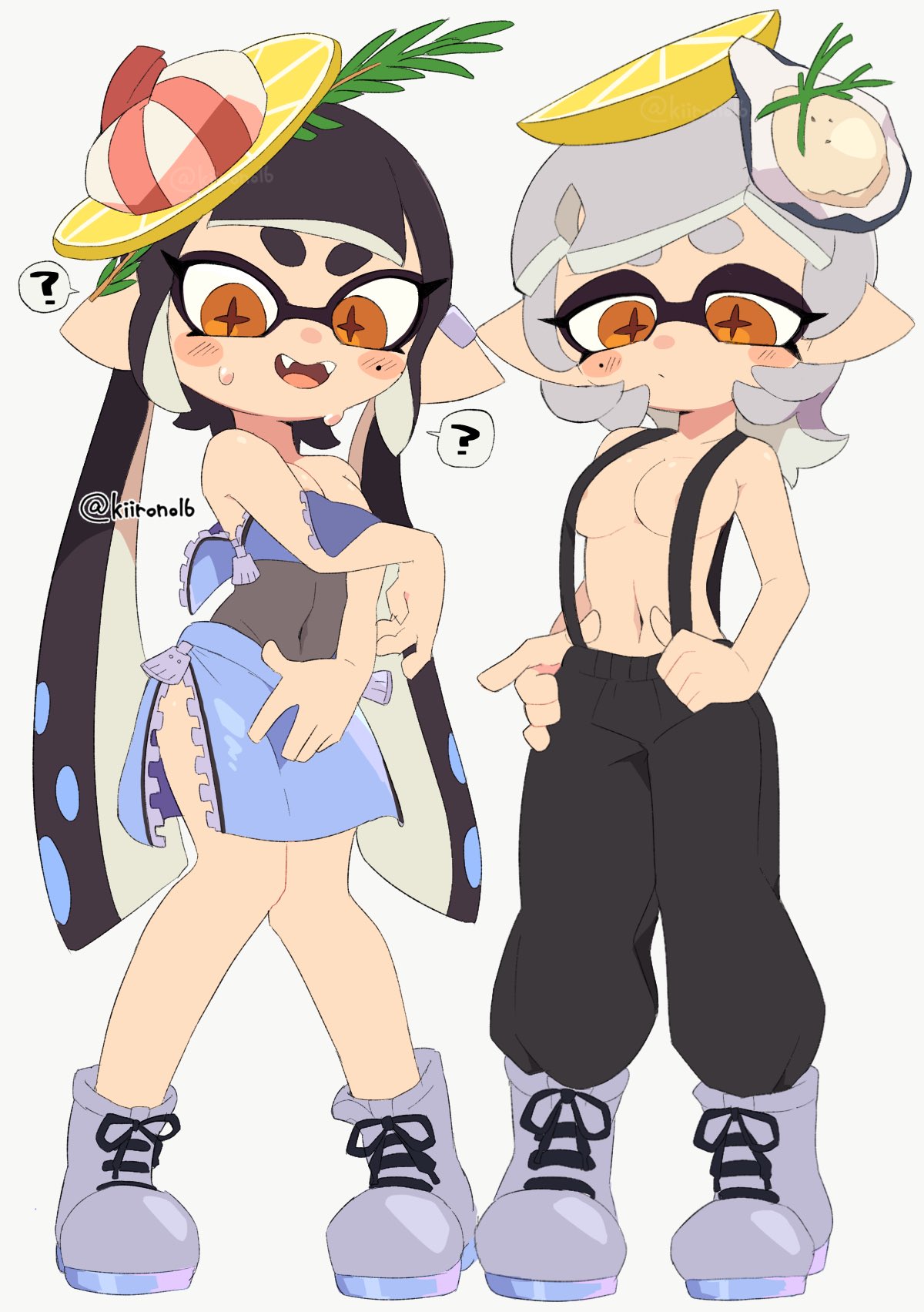 2females 2girls callie_(splatoon) cute inkling inkling_girl kiirono marie_(splatoon) shy splatfest splatoon splatoon_(series) splatoon_3 tagme tentacle_hair tits_out wardrobe_malfunction young