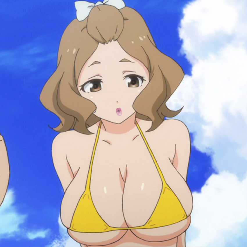 bare_shoulders bikini bikini_top brown_eyes brown_hair female female_focus female_only hair_ribbon huge_breasts kaneko_hiraku kouzuki_momoko lipstick looking_down open_mouth overflowing_breasts pink_lipstick ribbon ribbon_in_hair screencap screenshot short_eyebrows short_hair skindentation sky_background small_eyebrows swimsuit tight_bikini tight_swimsuit upper_body valkyrie_drive valkyrie_drive_-mermaid- white_ribbon yellow_bikini yellow_swimsuit