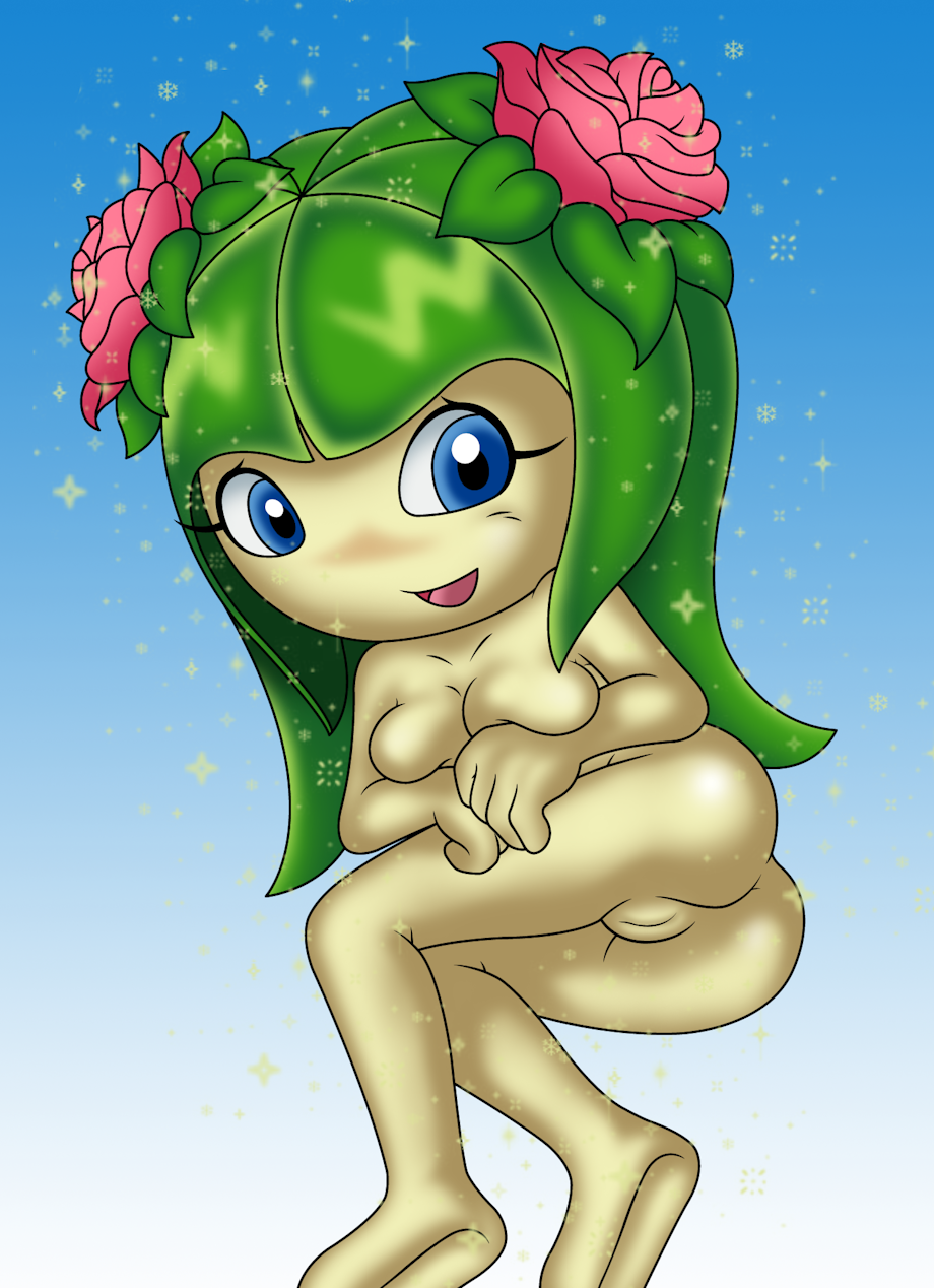 2019 alien alien_girl alien_humanoid blob_feet blue_eyes blurry_background boobs cosmo_the_seedrian female flower flower_in_hair girl gradient_background green_hair light-skinned_female light_skin naked naked_female nude nude_female plant plant_girl rose rose_(flower) sonic_(series) sonic_x sonictopfan vaginal