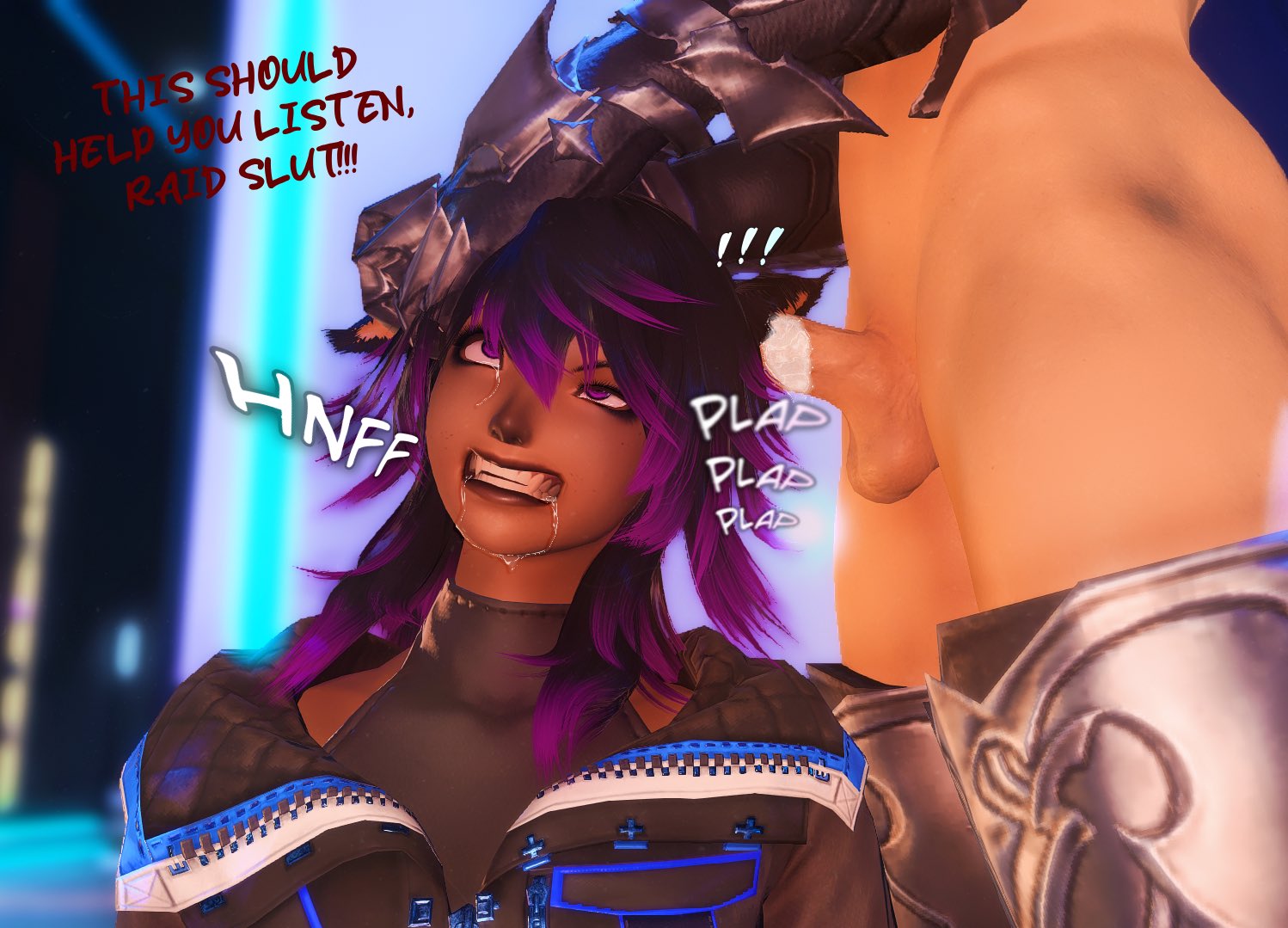 3d, drooling, ear fuck, ear penetration, endured face, female, final fantasy xiv, gpose (ffxiv), miqo'te, purple hair, tagme