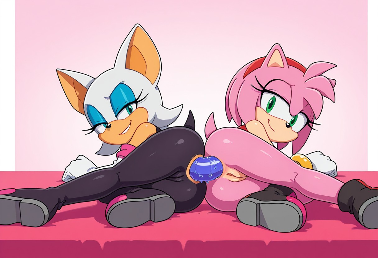 2girls, ai generated, amy rose, anal, anal penetration, clothing, dildo, female, penetration, rouge the bat, sex toy, sonic (series), sonic the hedgehog (series), thesoniks, uncensored, yuri